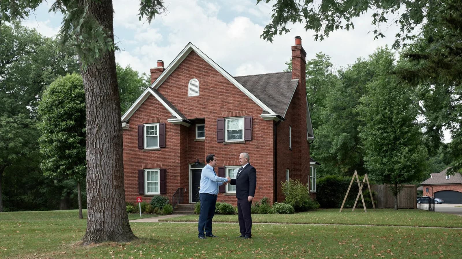 Landlord comparing property management companies in front of a colonial-style rental home in suburban Maryland
