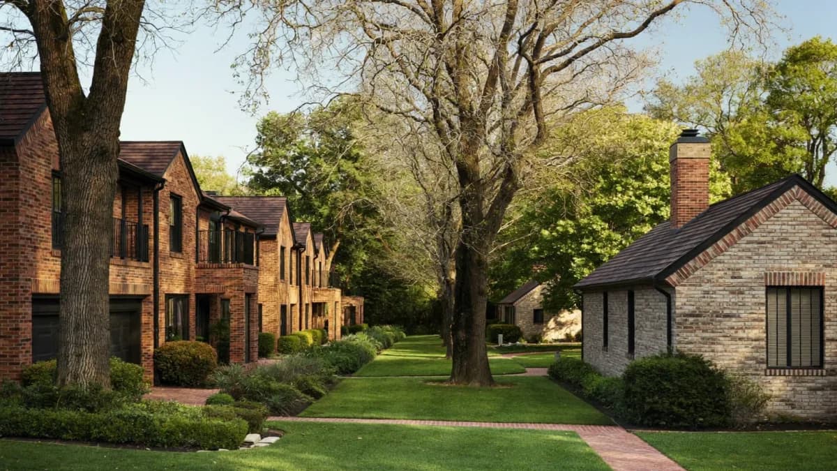 Brick rental homes with mature shade trees, clipped hedges and green lawns along a quiet tree-lined Montgomery County street in morning light, the kind of Maryland property governed by Maryland landlord-tenant law