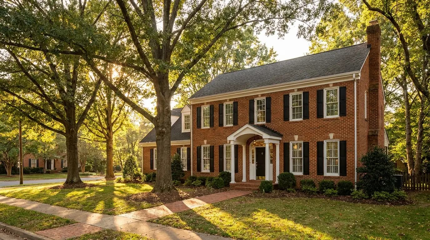 Classic red-brick Virginia colonial single-family rental home on a tree-lined street