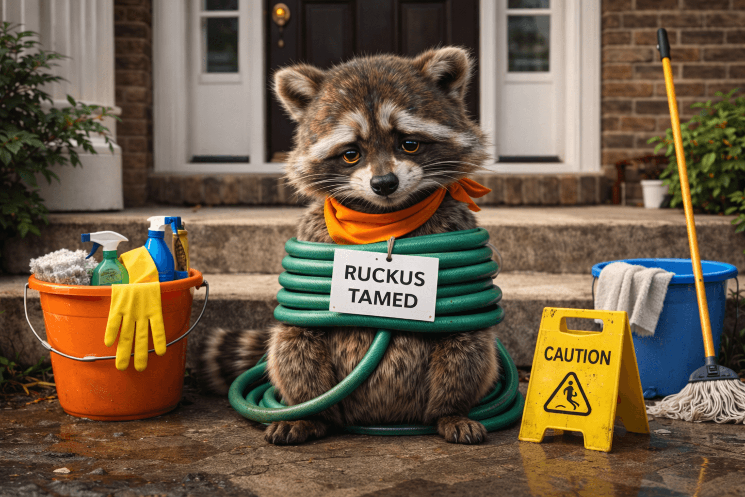 Ruckus the raccoon tied up — tamed by Flat Fee Landlord's guarantees
